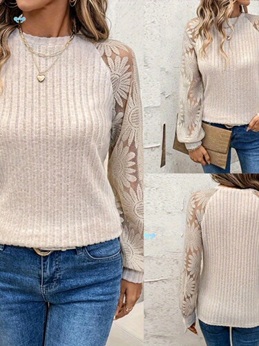 Women Basic Tops Casual Round Neck Lace Patchwork Long