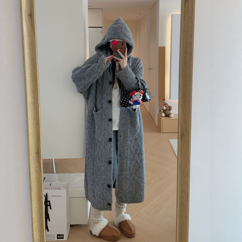 Alpaca Wool Hooded Cable-Knit Mid-Length Sweater Coat for Women, Autumn and Winter Lazy Style, Loose Fit, Slimming, Over-The-Knee Knitted Cardigan