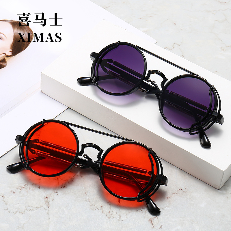 New cross-border PC hollow round frame sunglasses double beam punk sunglasses color double spring leg European and American sunglasses