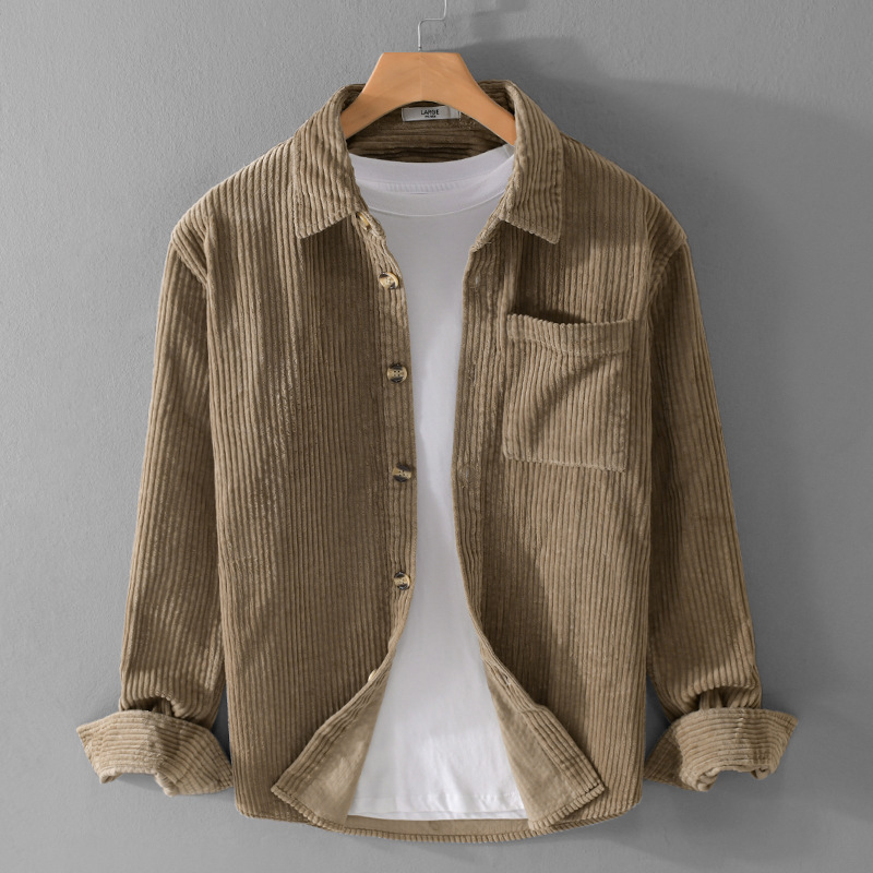 Men's Spring and Autumn Corduroy Long-Sleeve Shirt, Simple Casual Youth Trendy Retro Stylish Shirt Jacket for Men