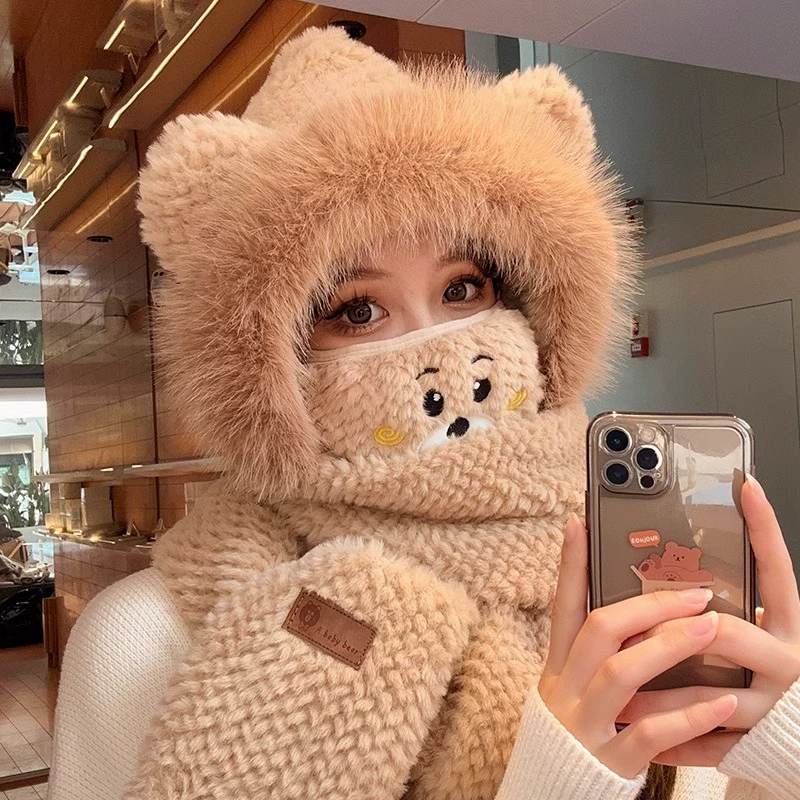 Тёплая шапка, шарф, милые тёплые перчатки, комплект с маленькими мишками, 3 предмета