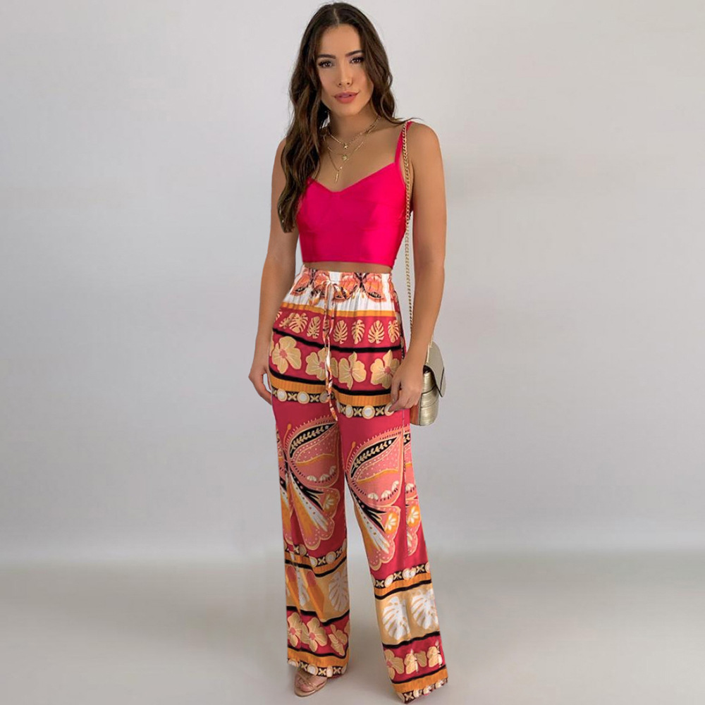 summer high waist wide leg print straight beach trousers NSHYG118518