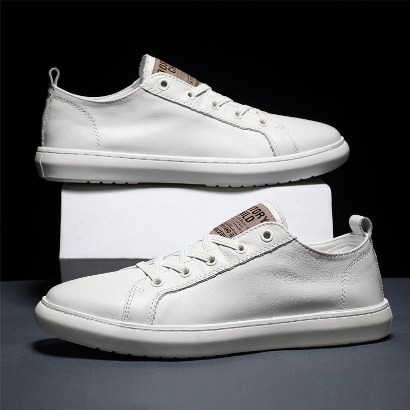 Soft Leather White Shoes for Men, Leather Waterproof Lightweight Sneakers, Breathable and Versatile Casual Shoes, Korean Style Trendy and Versatile Men's Shoes
