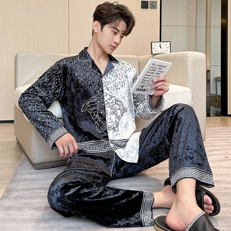 Live Broadcast Autumn and Winter Gold Velvet Men's Pajamas High Quality Light Luxury Diamond Velvet Gold Brick Velvet Home Clothes Suit Manufacturer