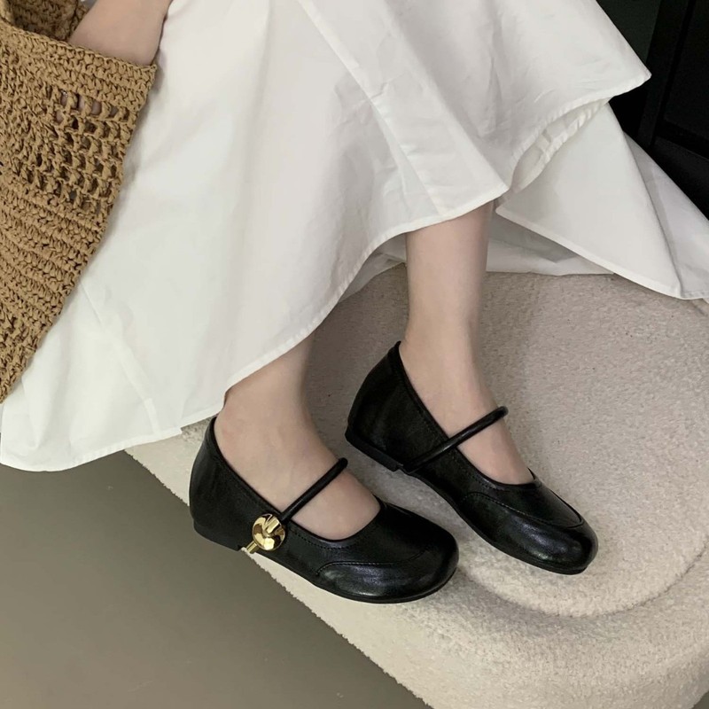 女性用フレンチスタイルインナー高さ増加シューズ、新しい多用途フラットソールメリージェーンイブニング浅い口の小さな革靴|undefined