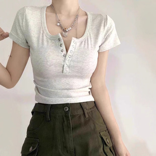 U-Neck Short-Sleeved T-Shirt for Women Plus Size Fat Girl French Right Shoulder Summer American Sweet and Spicy Style Short Slim Button Top
