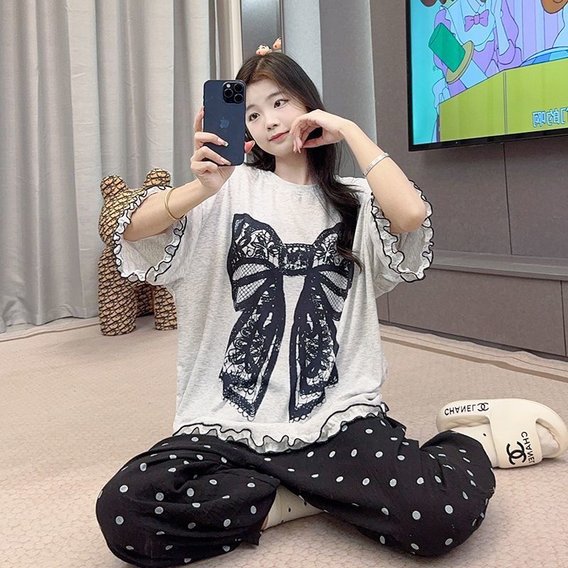 2025 新しい夏のモーダルパジャマ女性の半袖ズボンスーツ漫画ルーズ夏は家の服の外で着用できます|undefined