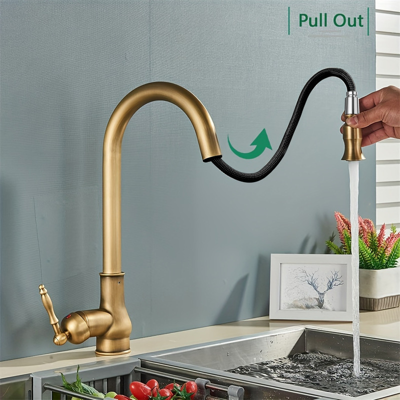 Kitchen Faucet Brass Single Hole with Pull-Out Rotatable Single Handle Hot and Cold Water Sink Faucet for Home Use