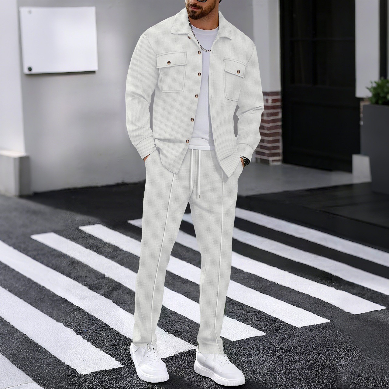Completo uomo casual con giacca e pantaloni in waffle_voghion.com