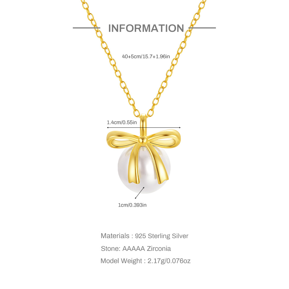 6g Weight 925 Sterling Silver Pendant Material Artificial Pearls Inlay Material Pendant Necklace Classification 925 sterling silver Chain Material cable chain Chain Type 925 Sterling Silver Artificial Pearls Cable Chain Plating Inlay Bow Knot Pendant Necklace