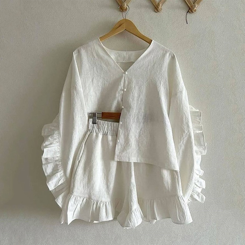1443 Cross-Border Women's Clothing 2025 Summer New Casual Collar Ruffled Puff Sleeve Shirt Wide Leg Shorts Suit