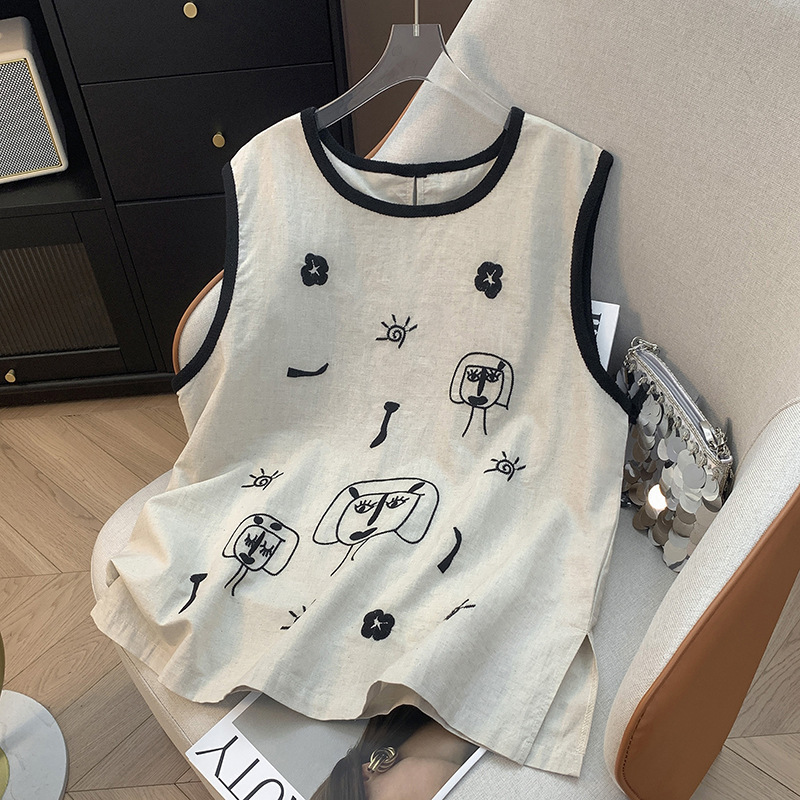 Real Shot of Summer Commuting Cotton and Linen Embroidered Contrasting Color Sleeveless Shirts for Women Thin Casual Fashion Vest Tops for Women Real Shot of Summer Commuting Cotton and Linen Embroidered Contrasting Color Sleeveless Shirts for Women Thin Casual Fashion Vest Tops for Women