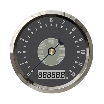85mm retro-style tachometer with adjustable timing and over-speed alarm, 12V/24V universal model for gasoline and diesel engines (tachometer)