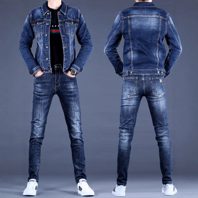 Autumn Men's Denim Suit Korean Style Slim Couple Spring Outerwear Pants Casual Trendy Two-Piece Jacket Men