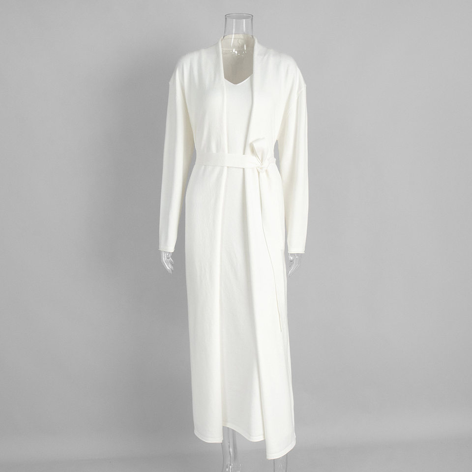 Bộ đầm dài kèm áo cardigan dệt kim dài tay nữ — Màu cà phê đậm, Màu hồng, Màu trắng, Màu xám chi tiết 6