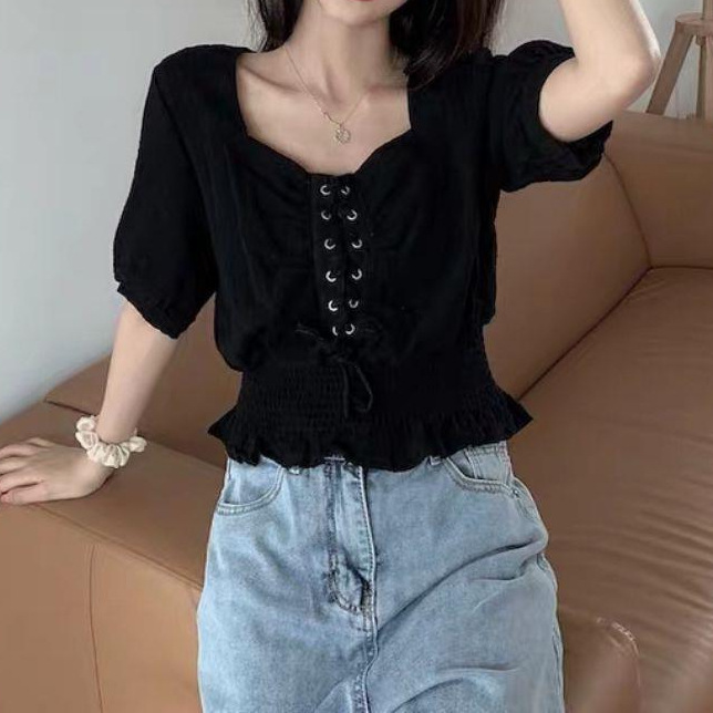 万能シャツ スクエアネック レースアップ 2025年新作 レディース ウエストシェイプ ゆったりトップス スリムフィット 着痩せ効果 半袖 シフォンシャツ