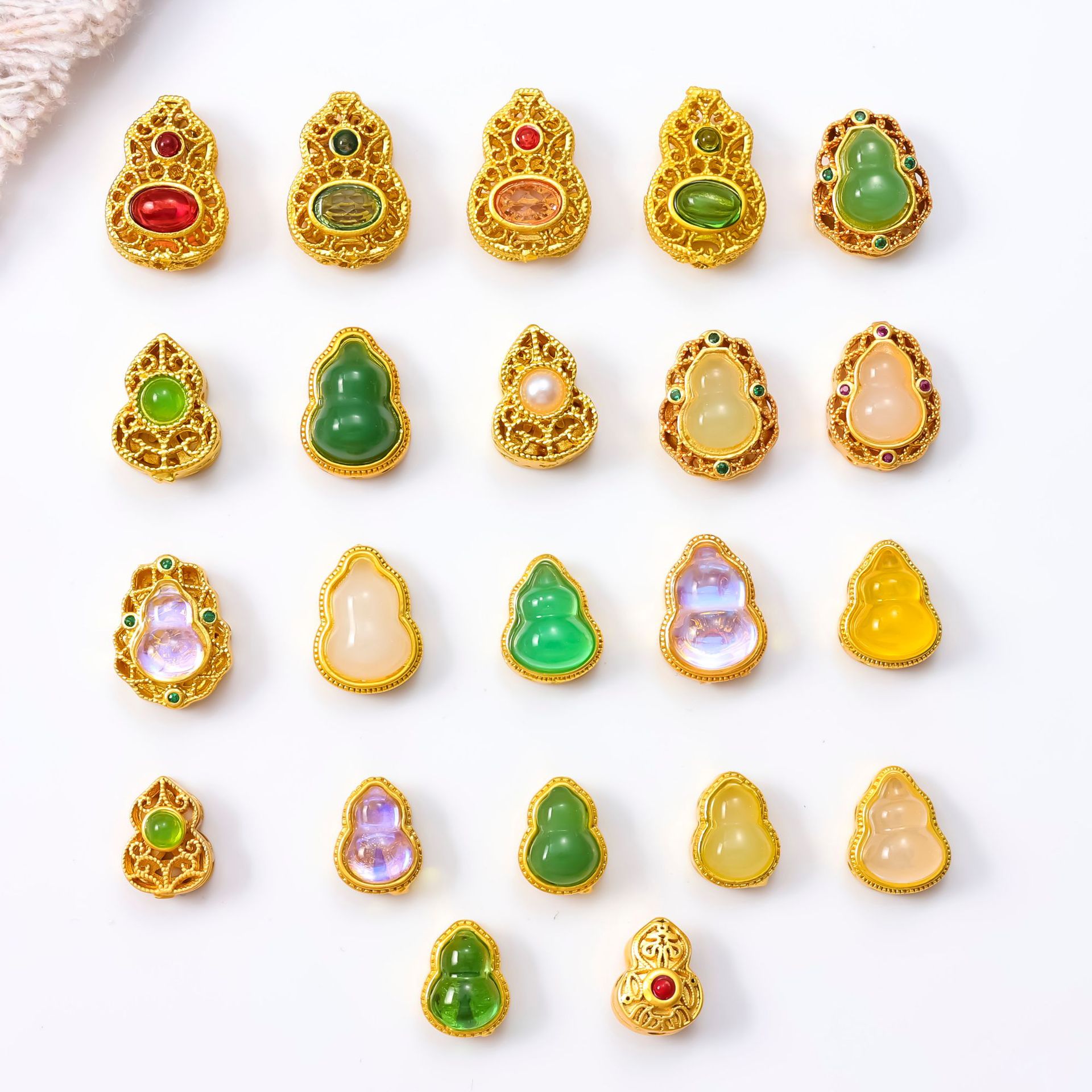 ancient style alluvial gold gourd spacer beads ring gem mosaic jade through hole ornament accessories diy handmade bracelet necklace accessories