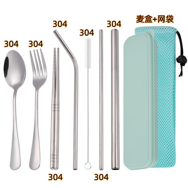 녹색 밀 상자 메쉬 백 + 식기 304개 + 빨대 304개
