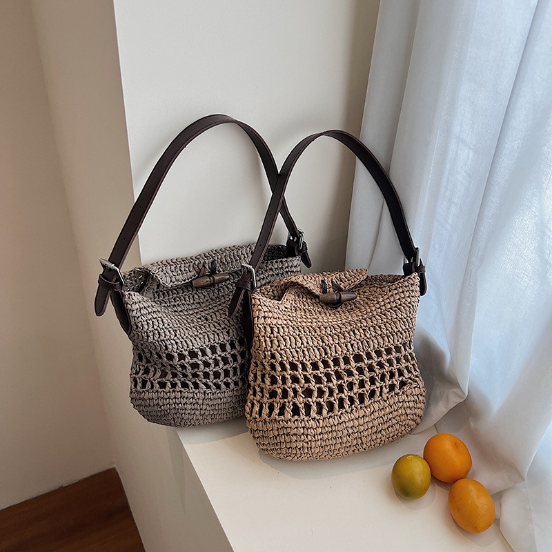 Beach Casual Seaside Easiest for Match Oblique Bag Woven Handmade Bucket Bag 2025 Vacation Women's Summer Casual Shoulder Bag New Style