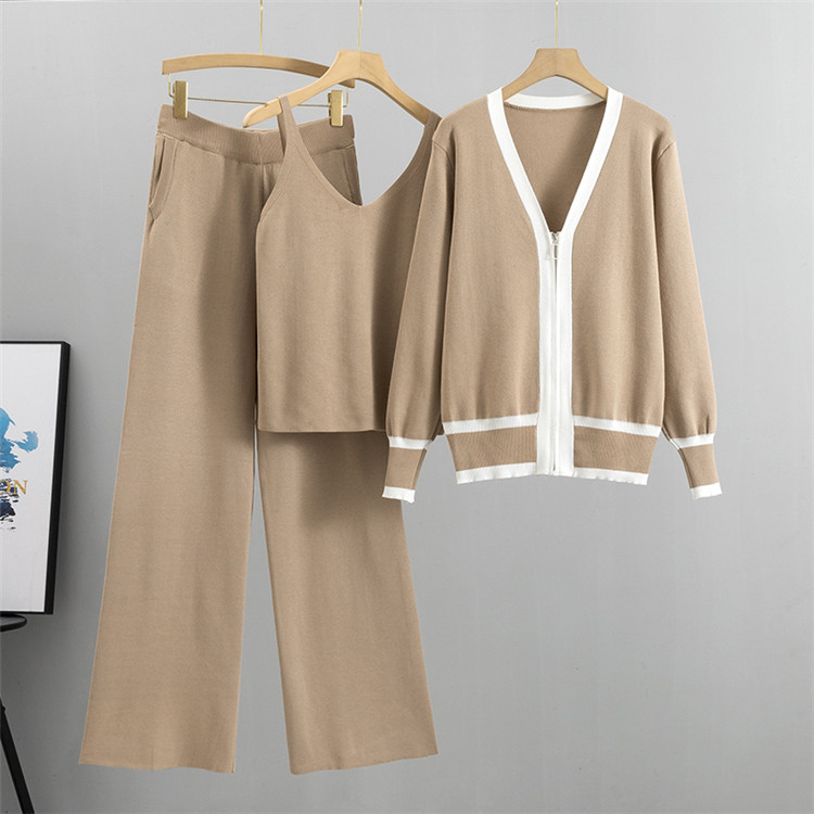Women's Clothing Spring And Autumn New Women's Clothing Suit Trendy Knitted Cardigan Suspenders Wide Leg Pants Three Piece Suit_voghion.com