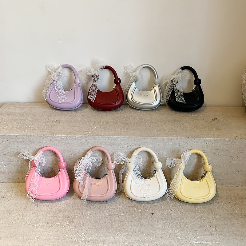 Bolso de hombro para niños y niñas de moda, bolso de media luna portátil para niña de encaje dulce, bolso para niños de color sólido simple