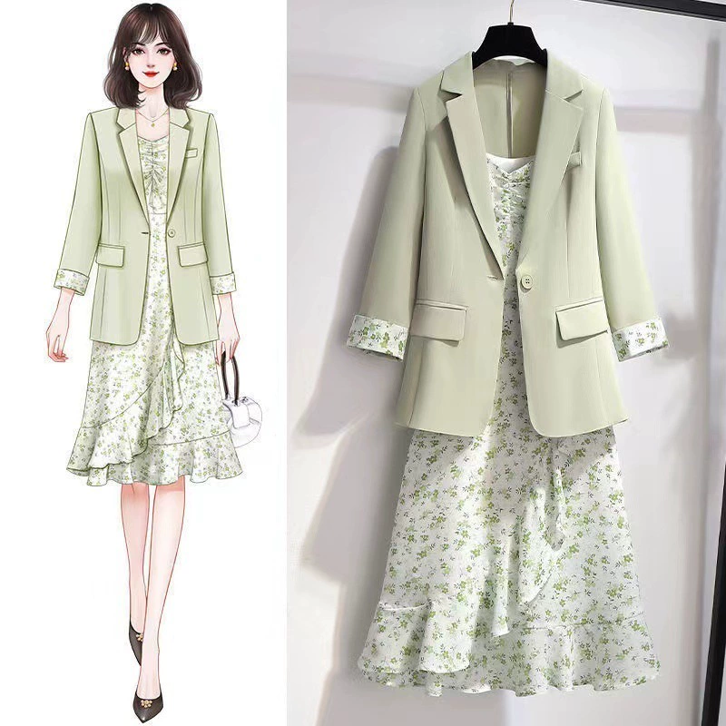 Classic suit jacket, autumn demi-season set, dress, plus size, bright catchy style, fitted