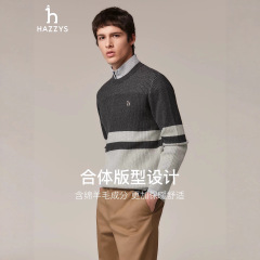 跨境Hazzys哈吉斯秋季长袖圆领条纹撞色保暖休闲通勤针织衫