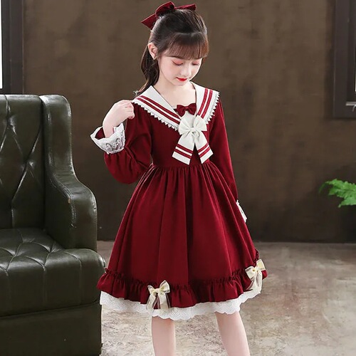 Girls Lolita Princess Dress Autumn New Zhongda Children's College Style Dress Girls Fashionable Long Sleeve Skirt