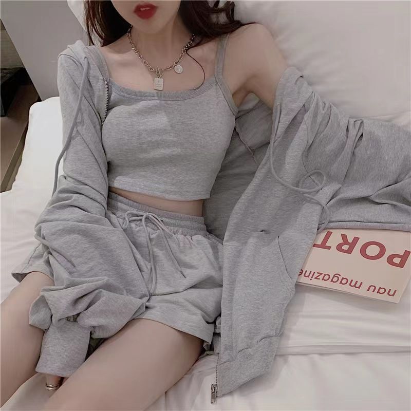 Japanese-Style Casual Sports Suit Women's Shorts Camisole Hooded Sweatshirt Three-Piece Set Hong Kong Style Casual Fitness Fashion Women's Clothing