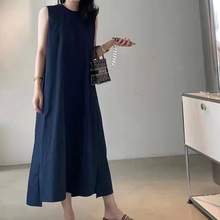韩系chic夏季法式设计宽松露背无袖背心连衣裙休闲减龄长裙