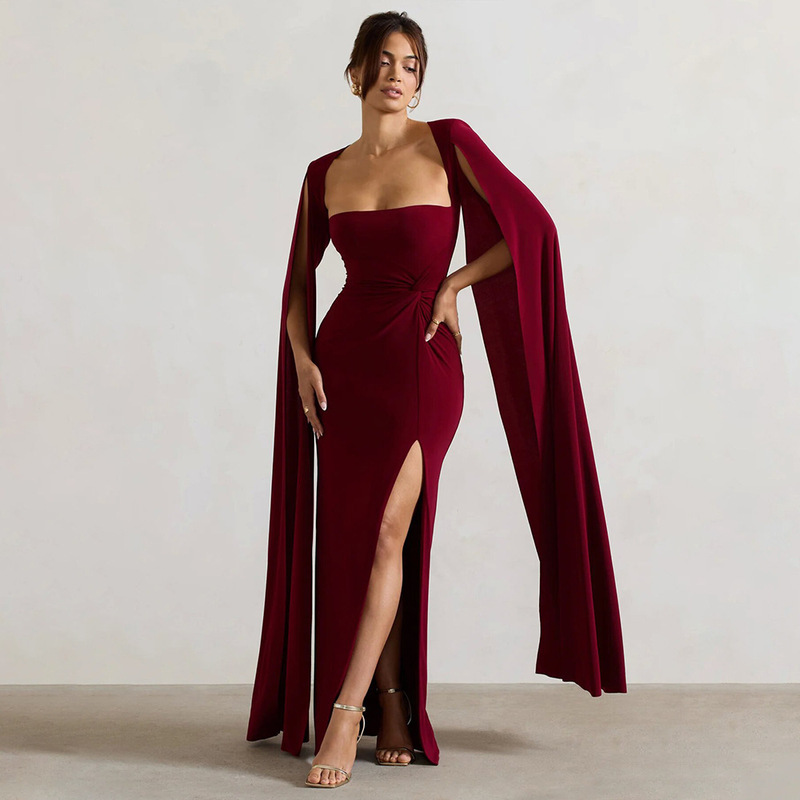 Amazon Spring Fashion Square Neck Slim Fit Women's Dress, Light Luxury High Slit Cross-Border Evening Dress, Solid Color Patchwork Dress Amazon Spring Fashion Square Neck Slim Fit Women's Dress, Light Luxury High Slit Cross-Border Evening Dress, Solid Color Patchwork Dress