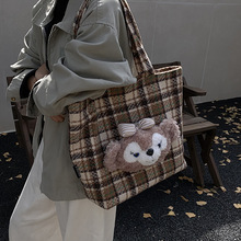 秋冬新款氛围感高颜值复古清新格纹托特包女轻便通勤大容量斜挎包
