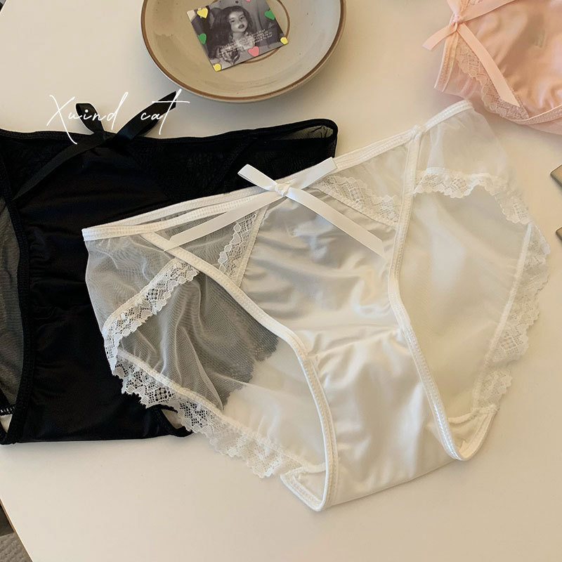 Japanese sexy pure satin ice silk underwear for women's mid-waist without marks and breathable cotton crotch mesh ladies briefs