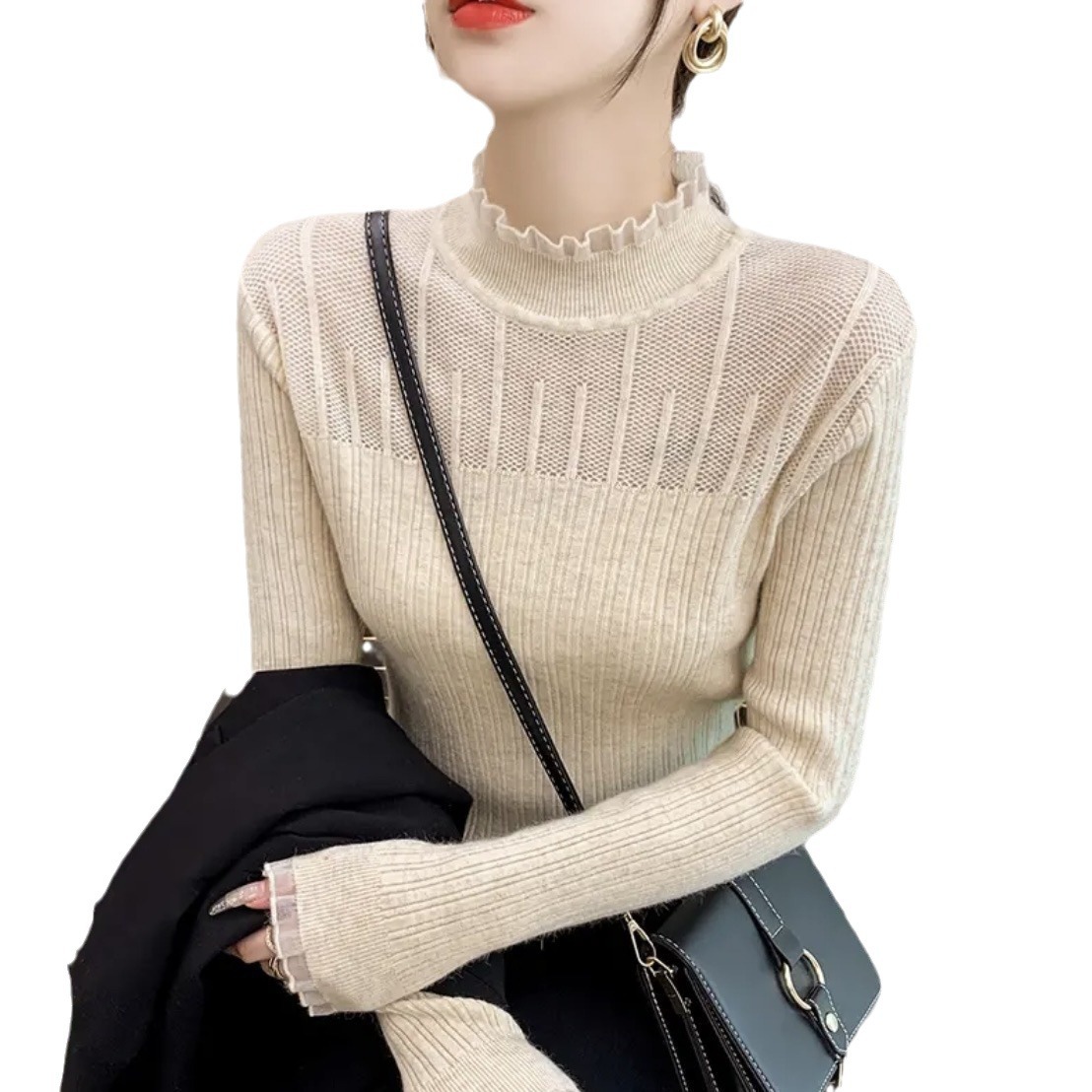 2023 otoño e invierno nuevas mujeres slim fit encaje hueco suéter interior medio cuello alto camisa de fondo para mujeres image 7