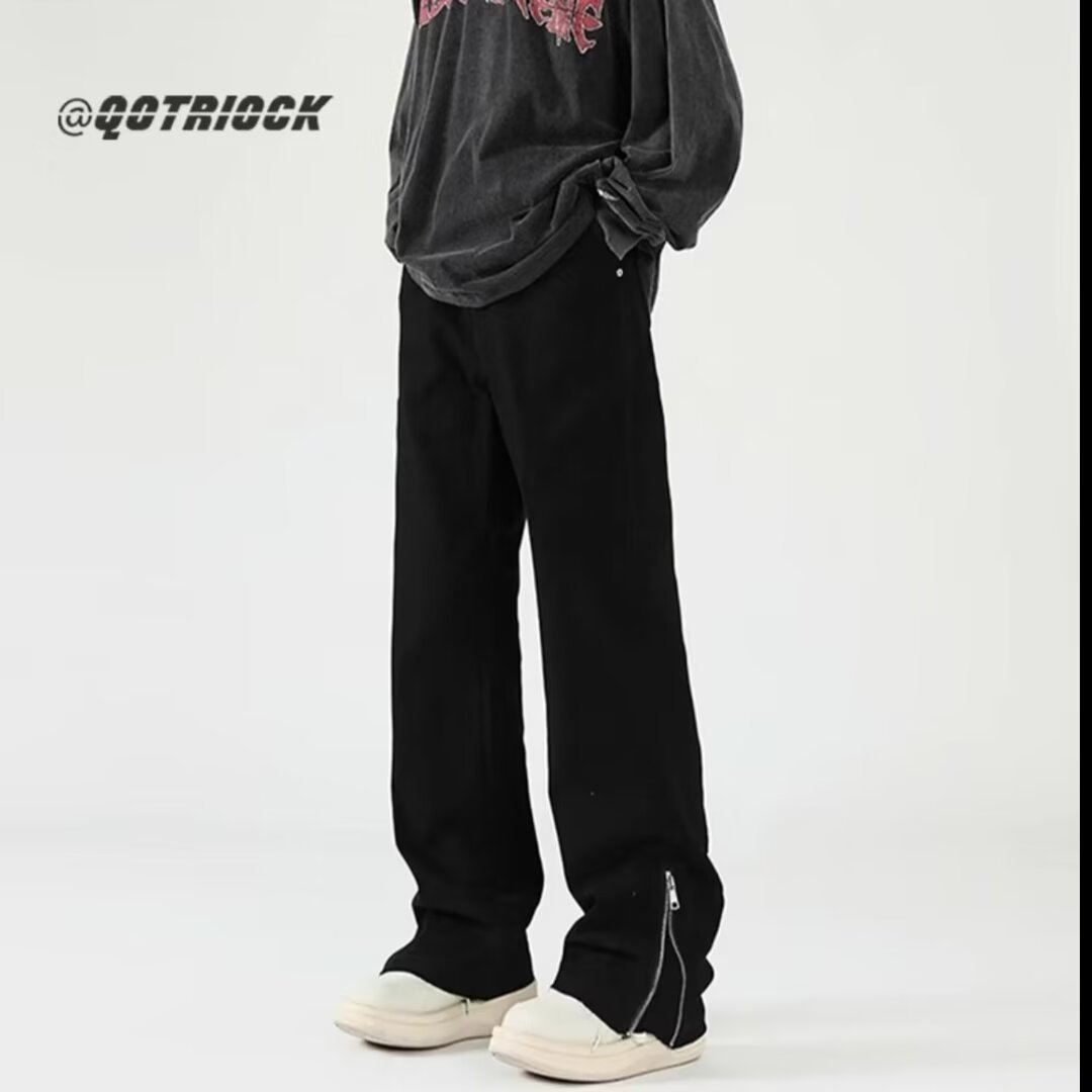 Vaqueros con cremallera desgastados lavados en la calle americana Primavera y otoño Pantalones largos de estilo vibe de moda holgados rectos para hombres