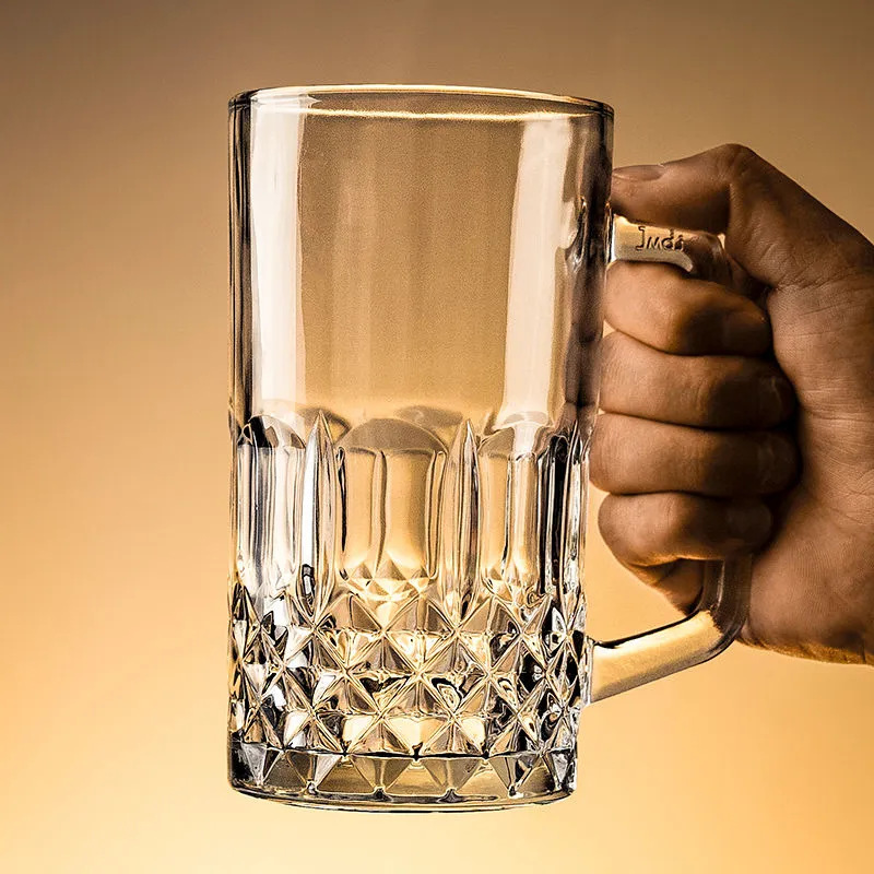 法国工艺雕花钻石玻璃0.5L啤酒杯 耐热大容量精酿酒吧KTV1L扎啤杯