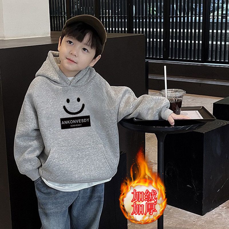 男童加绒加厚卫衣儿童一体绒秋冬新款韩系宝宝套头连帽百搭款帽衫