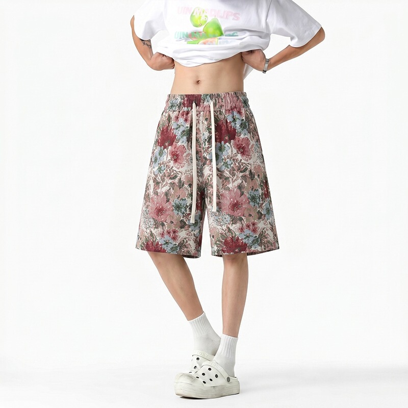 Hawaiian Style Floral Shorts for Men, High Street Summer Wear, Drawstring Beach Pants, Retro Trendy Brand Couple's Wide-Leg Pants