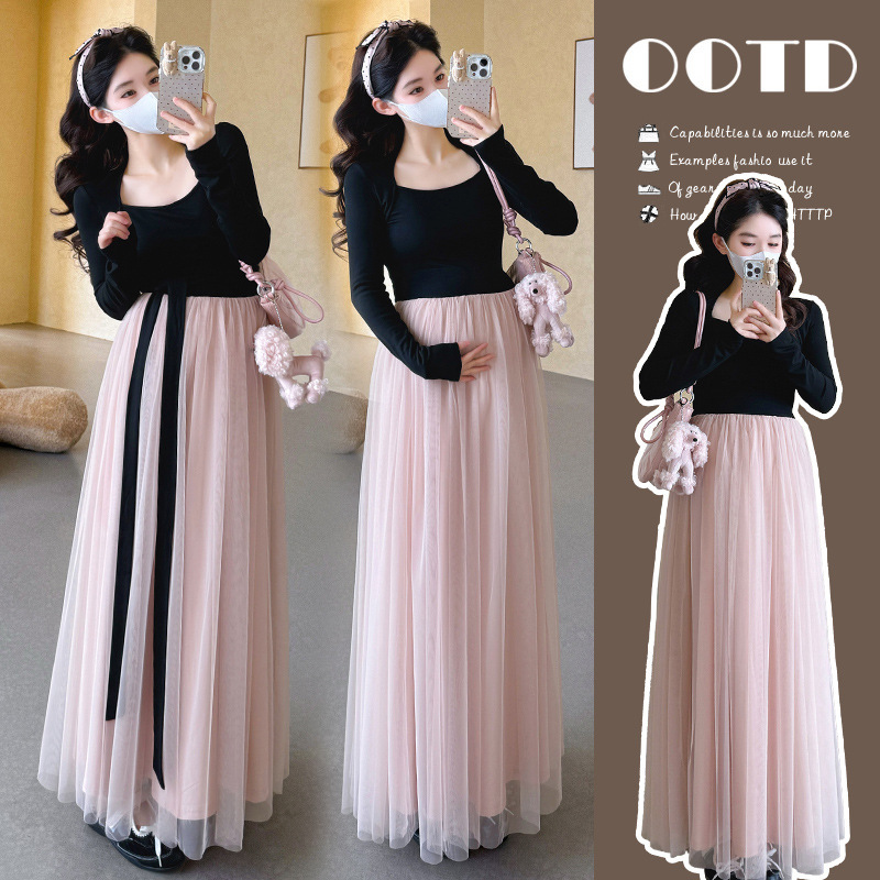 In-Stock High-Quality 2026 Early Spring New Maternity Dress Korean Style Bowknot Mesh Patchwork Plus-Size Maternity Dress