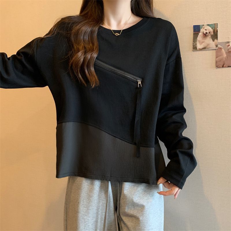 纯棉长袖T恤女春秋ins设计感大码胖mm显瘦打底衫拼接百搭上衣女装|undefined