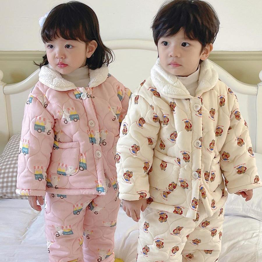 Children's Three-Layer Quilted Cartoon Home Clothes Korean Style Winter Style Velvet Thickeneded Pajamas for Boys and Girls Baby Warm Suit