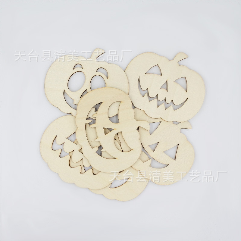 Seis piezas de madera de Halloween decoración de dibujos animados mueca calabaza pintura de piezas de madera cara sonriente artesanía de madera de bricolaje