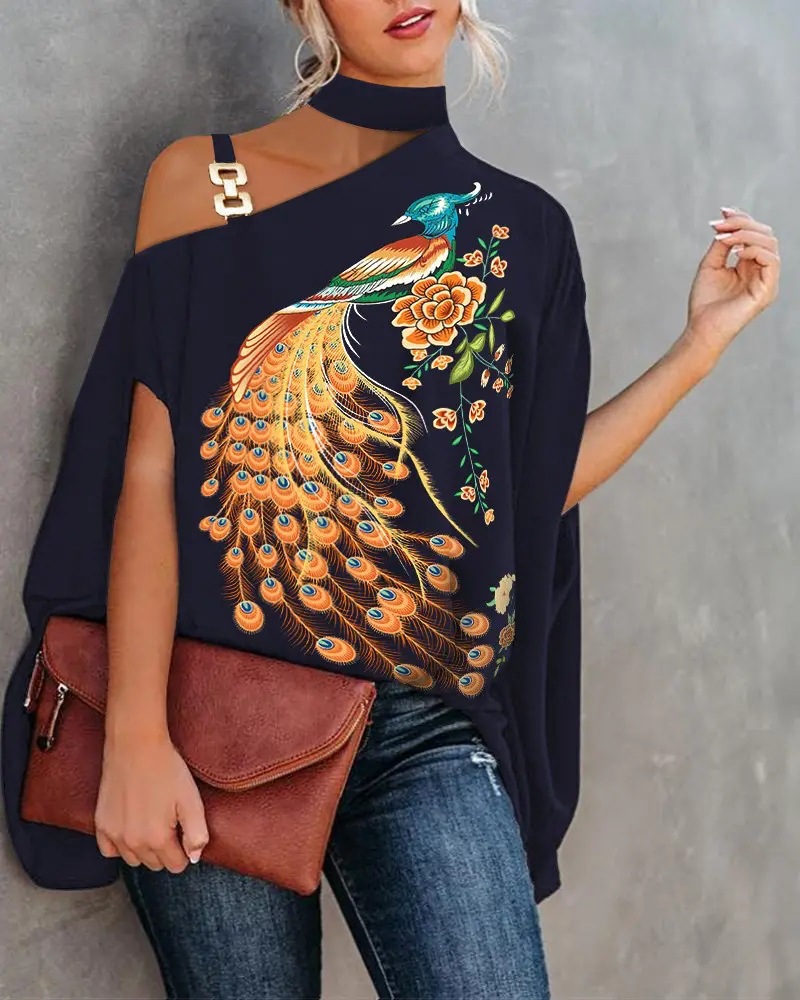 Women's Short Sleeve Blouses Printing Fashion Leaf Color Block Feather display picture 4