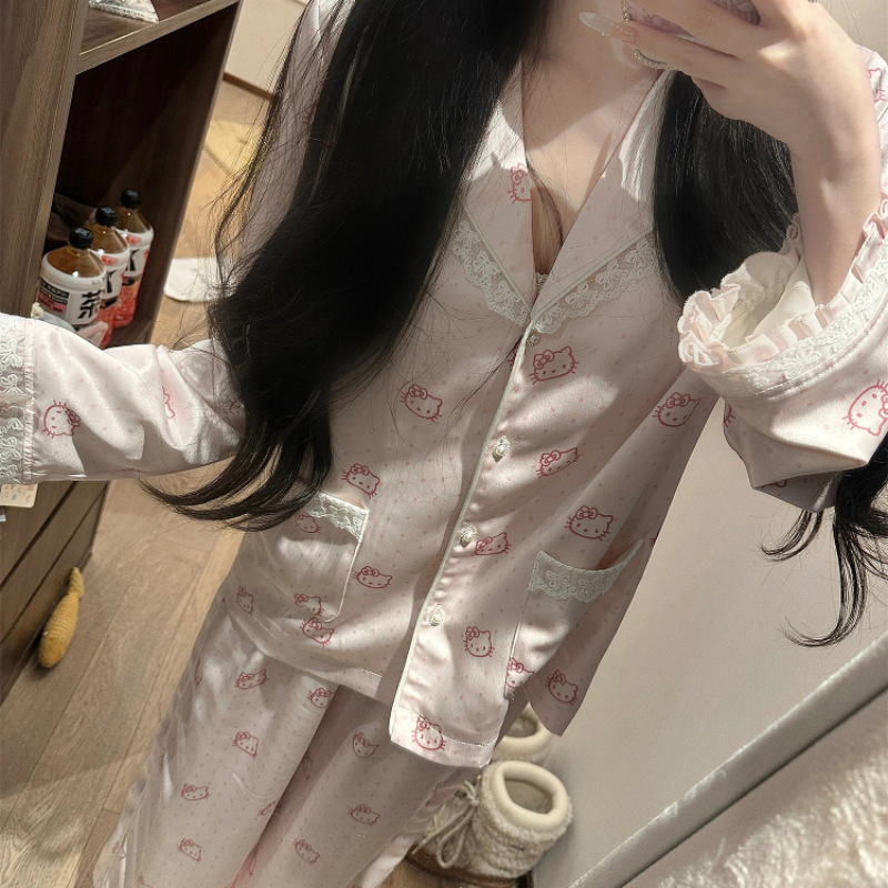 甘くてかわいいハイエンドハローキティアイスシルクパジャマ女性のための 2025 新しい大きいサイズの快適なホームウェアセット|undefined