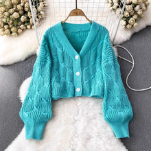 跨境复古日系慵懒风V领毛衣女秋冬季新款宽松小个子短款针织开衫