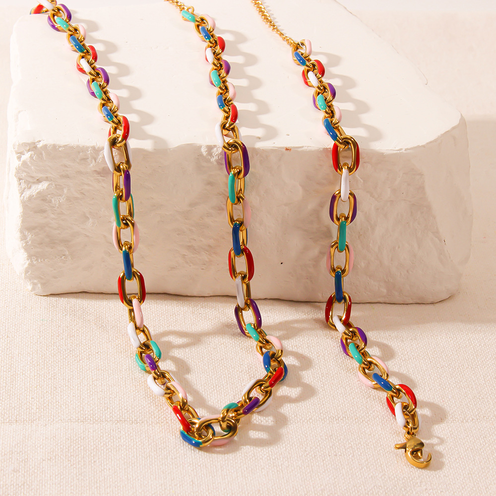 Collar de aceite de goteo de acero inoxidable transfronterizo europeo y americano, esmalte de dopamina, colorido, cadena cubana, collar, pulsera