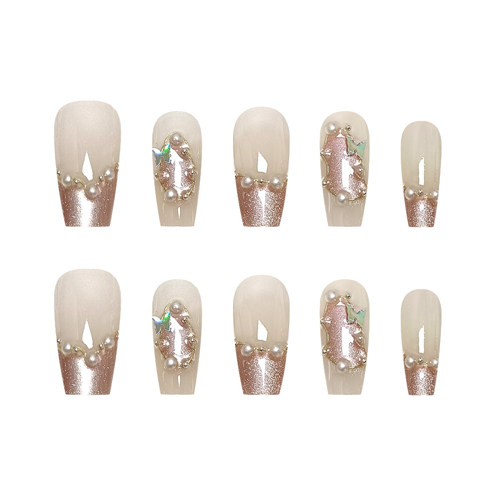 Diamante rosa suave, elegante de vestir uñas de mariposa, adornos de uñas exquisitos, 10 piezas de parche de uñas de diamante de lujo ligero.