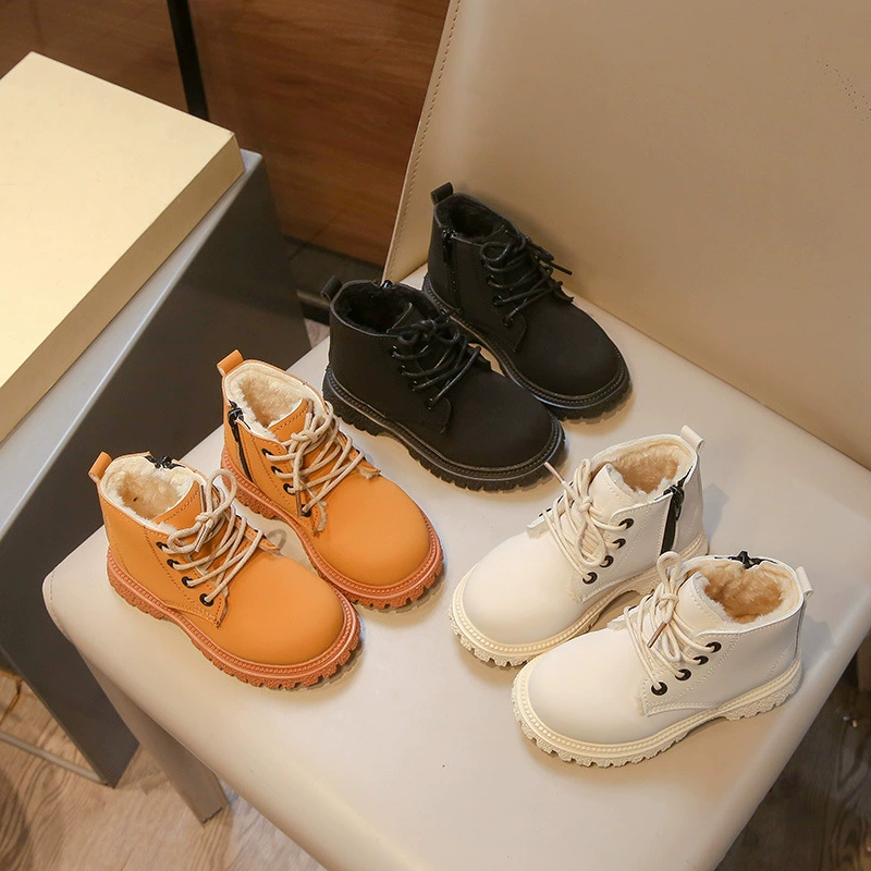 Дети британский стиль плюс бархат теплые ботинки Мартин зимой 2024 новые ботинки для мальчиков кожаные ботинки для девочек маленькие желтые ботинки