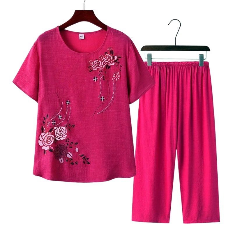 Женская футболка среднего и пожилого возраста, летний костюм-двойка из искусственного хлопка и льна, костюм для мамы, теща, 60 лет, 70 лет, бабушка, футболка, брюки