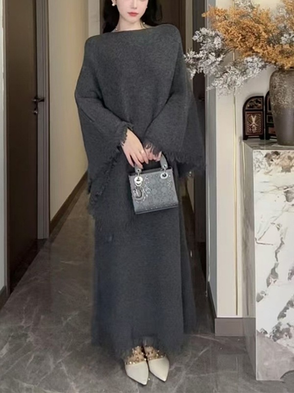 跨境针织套装女2025秋冬新款气质流苏一字肩上衣+高腰半裙两件套|undefined